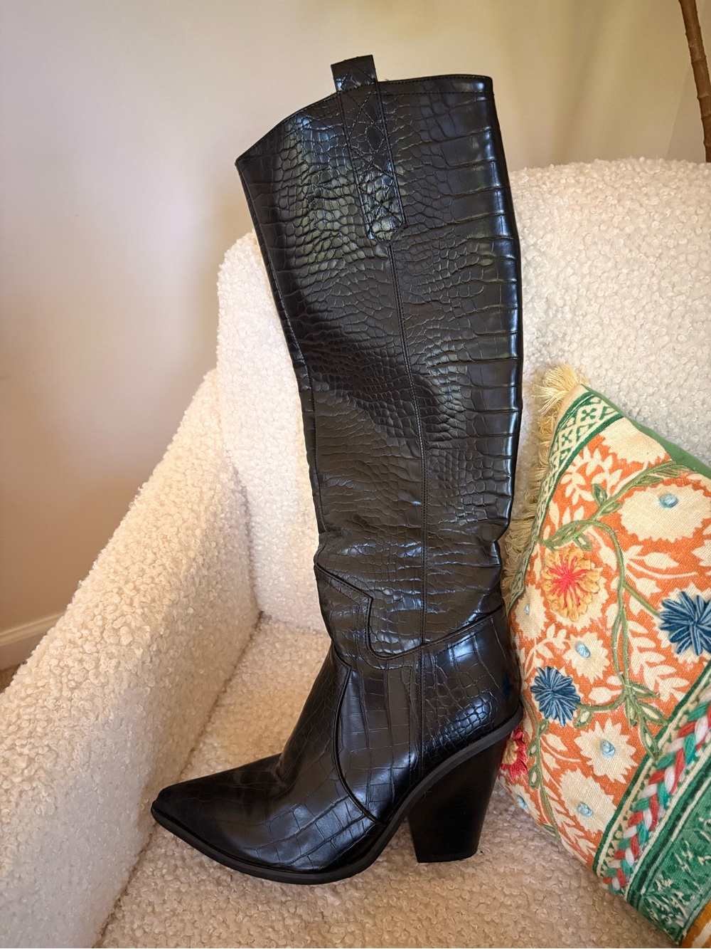 Black Croc-Embossed Knee-High Western Boot